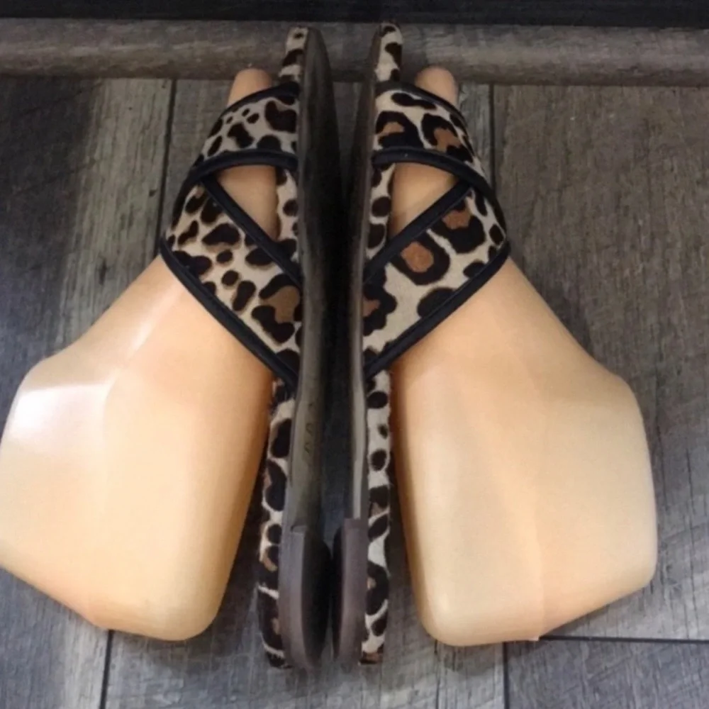 Authentic J. Crew designer leather print slide flats mules sandals sz 7.5